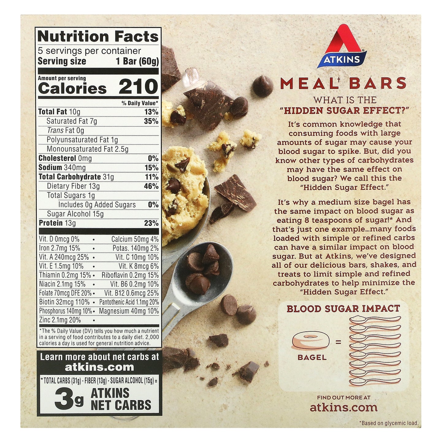 Atkins, Protein Meal Bar, Chocolate Chip Cookie Dough, 5 Bars, 2.12 oz (60 g) Each