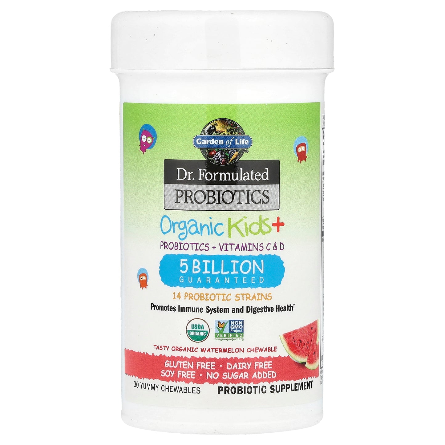 Garden of Life, Dr. Formulated Probiotics, Organic Kids + Probiotics + Vitamins C & D Chewables, Tasty Organic Watermelon, 30 Yummy Chewables