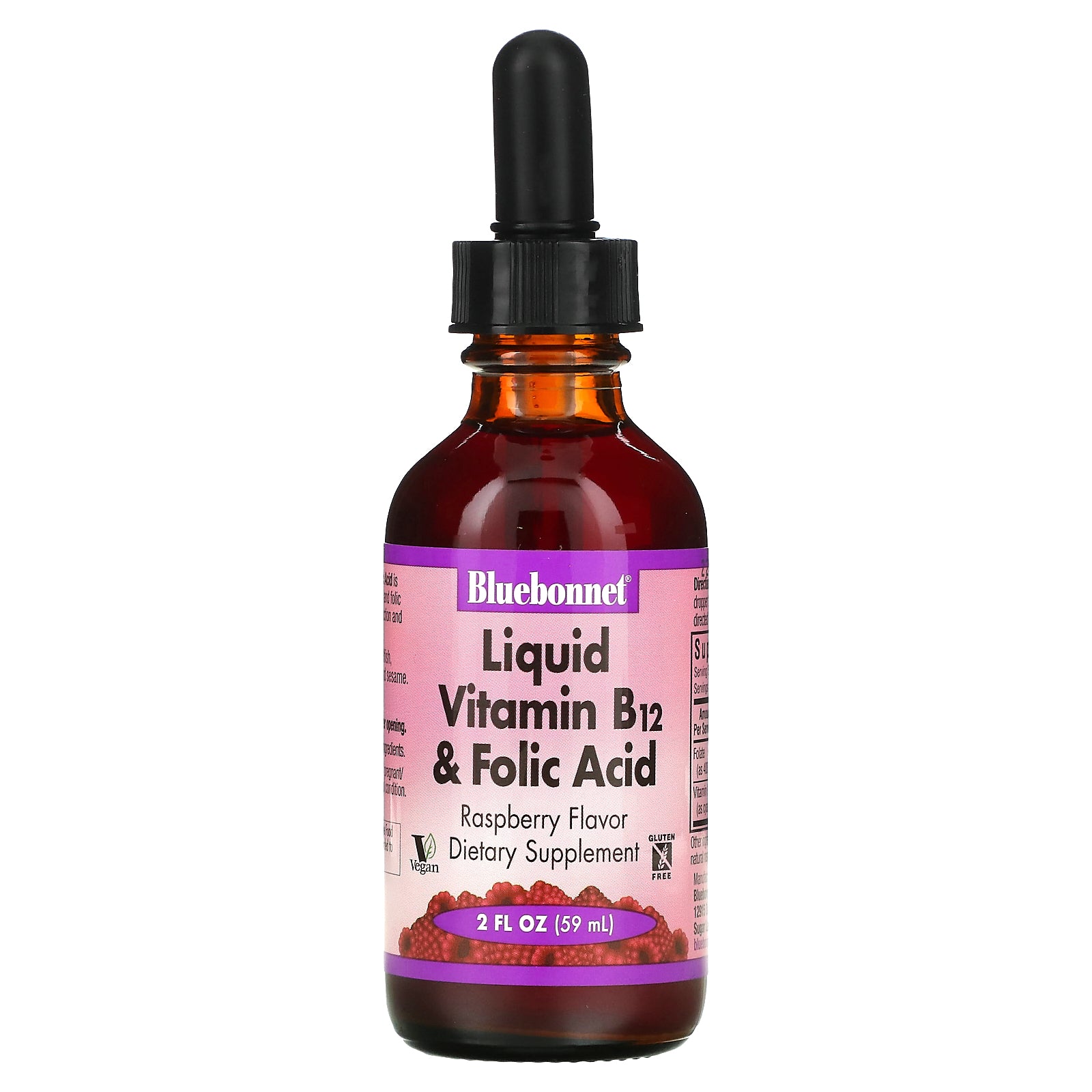 Bluebonnet Nutrition, Liquid Vitamin B-12 & Folic Acid, Raspberry , 2 fl oz (59 ml)