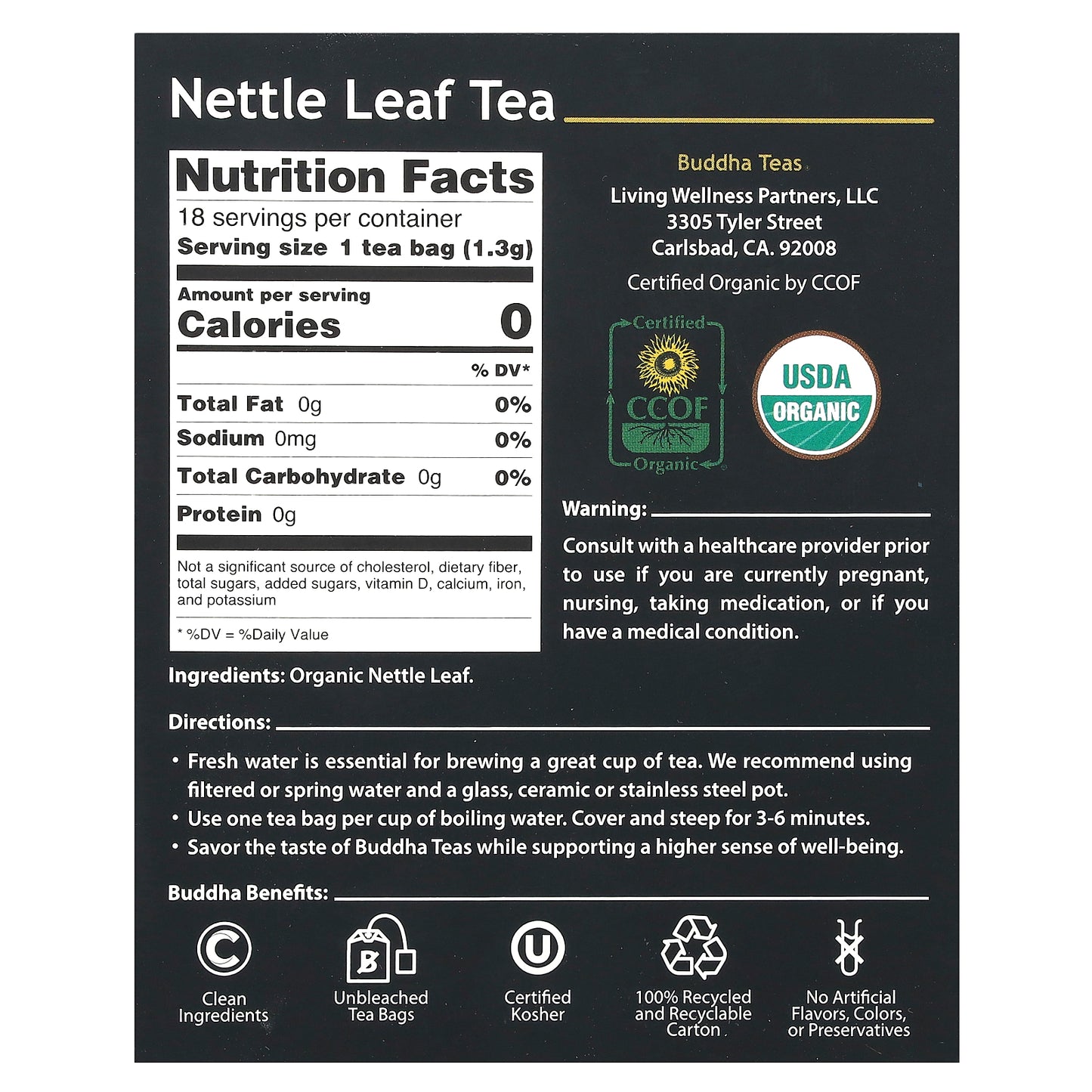 Buddha Teas, Organic Herbal Tea, Nettle Leaf, Caffeine Free , 18 Tea Bags, 0.83 oz (24 g)