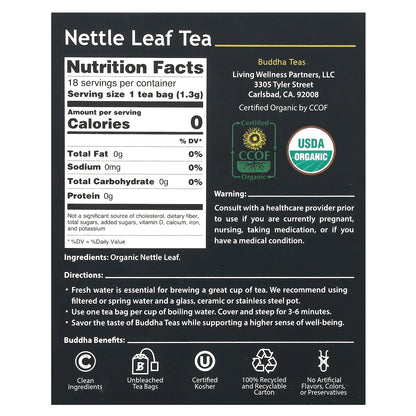 Buddha Teas, Organic Herbal Tea, Nettle Leaf, Caffeine Free , 18 Tea Bags, 0.83 oz (24 g)