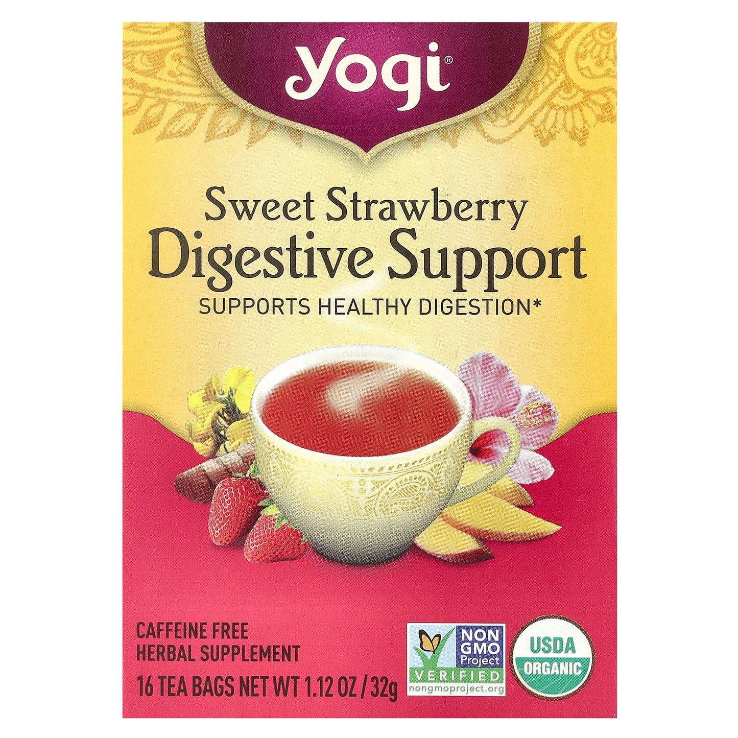 Yogi Tea, Digestive Support, Sweet Strawberry, Caffeine Free, 16 Tea Bags, 1.12 oz (32 g)