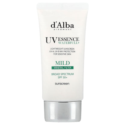 d'Alba, UV Essence Waterfull+ Sunscreen, Mineral Filter, Mild, SPF 50, 1.69 fl oz (50 ml)