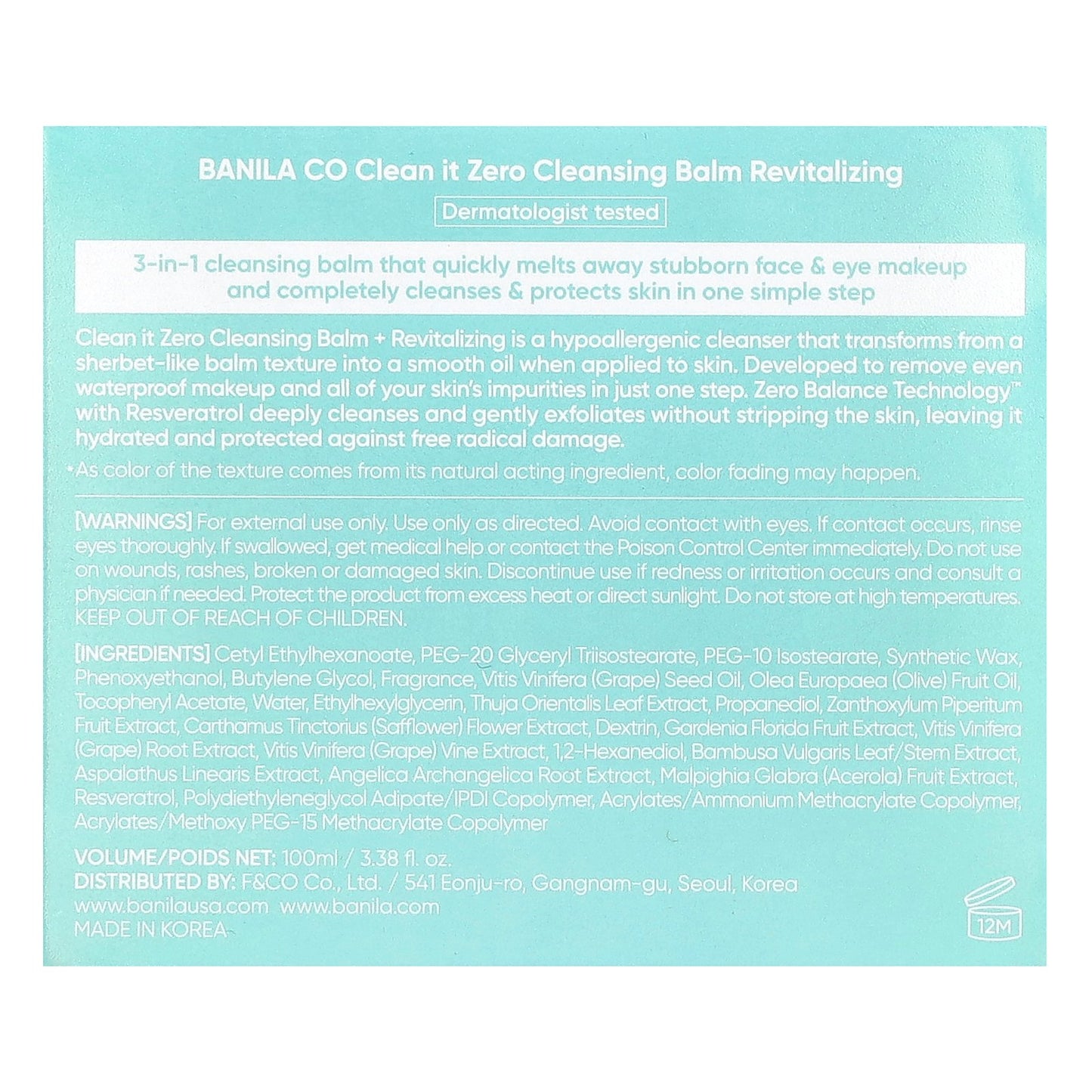 Banila Co, Clean It Zero, 3-in-1 Cleansing Balm, Revitalizing, 3.38 fl oz (100 ml)