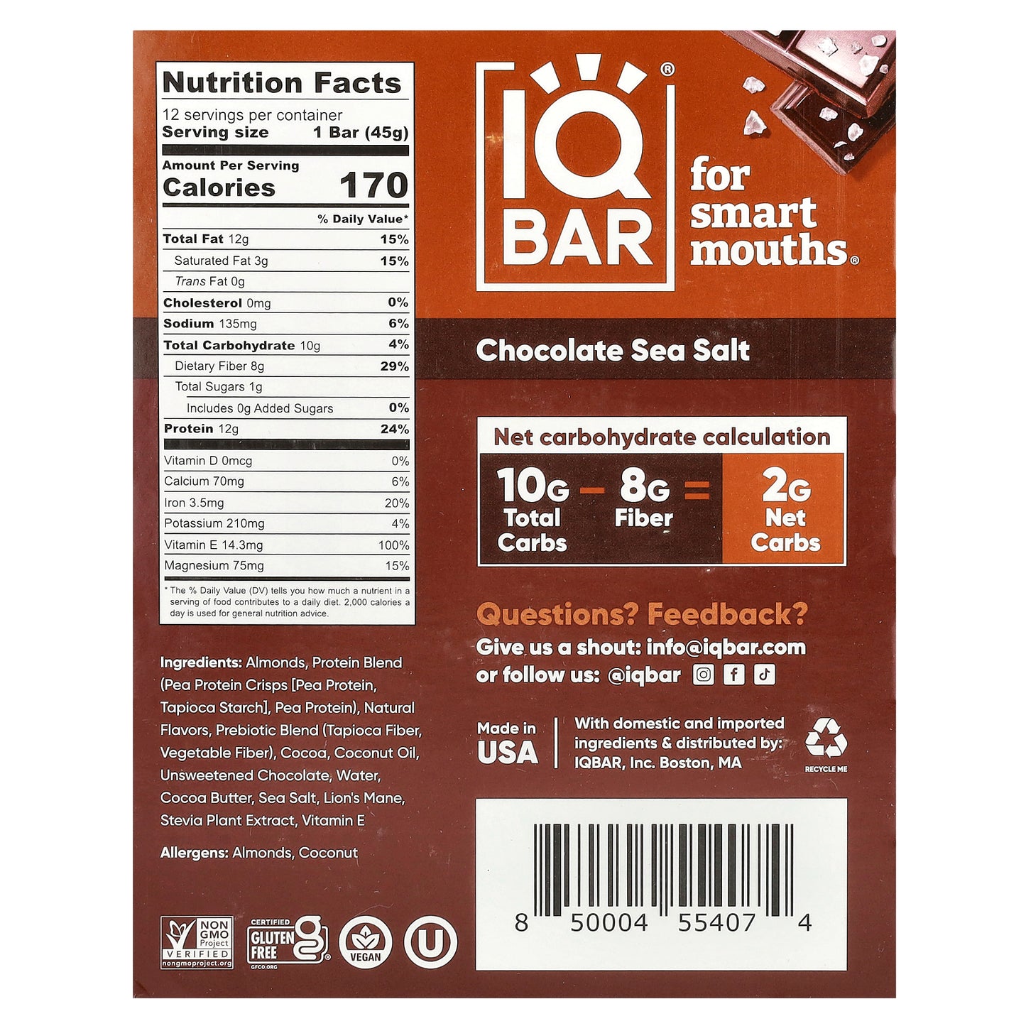 IQBAR, Plant Protein Bar, Chocolate Sea Salt, 12 Bars, 1.6 oz (45 g) Each