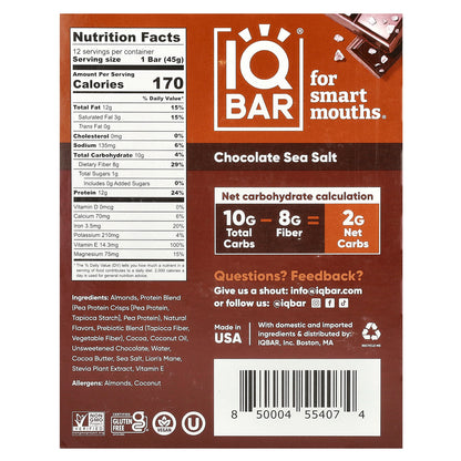 IQBAR, Plant Protein Bar, Chocolate Sea Salt, 12 Bars, 1.6 oz (45 g) Each