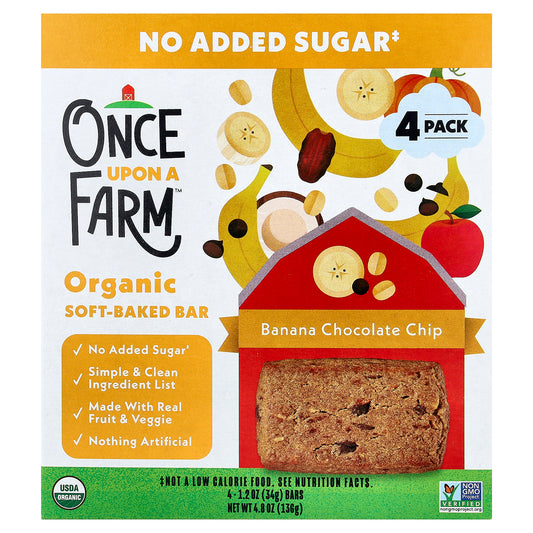 Once Upon A Farm, Organic Soft Baked Bar, Banana Chocolate Chip, 4 Bars, 1.2 oz (34 g ) Each