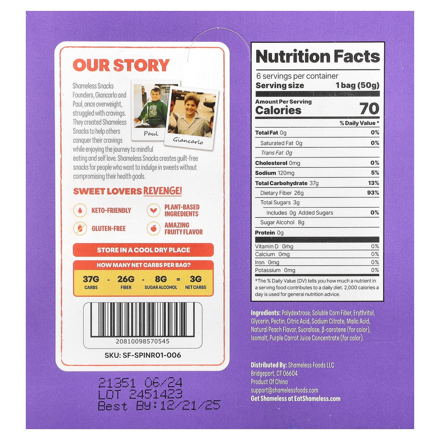 Shameless Snacks, Gummy Candy, OMG Peach, 6 Bags, 1.8 oz (50 g) Each