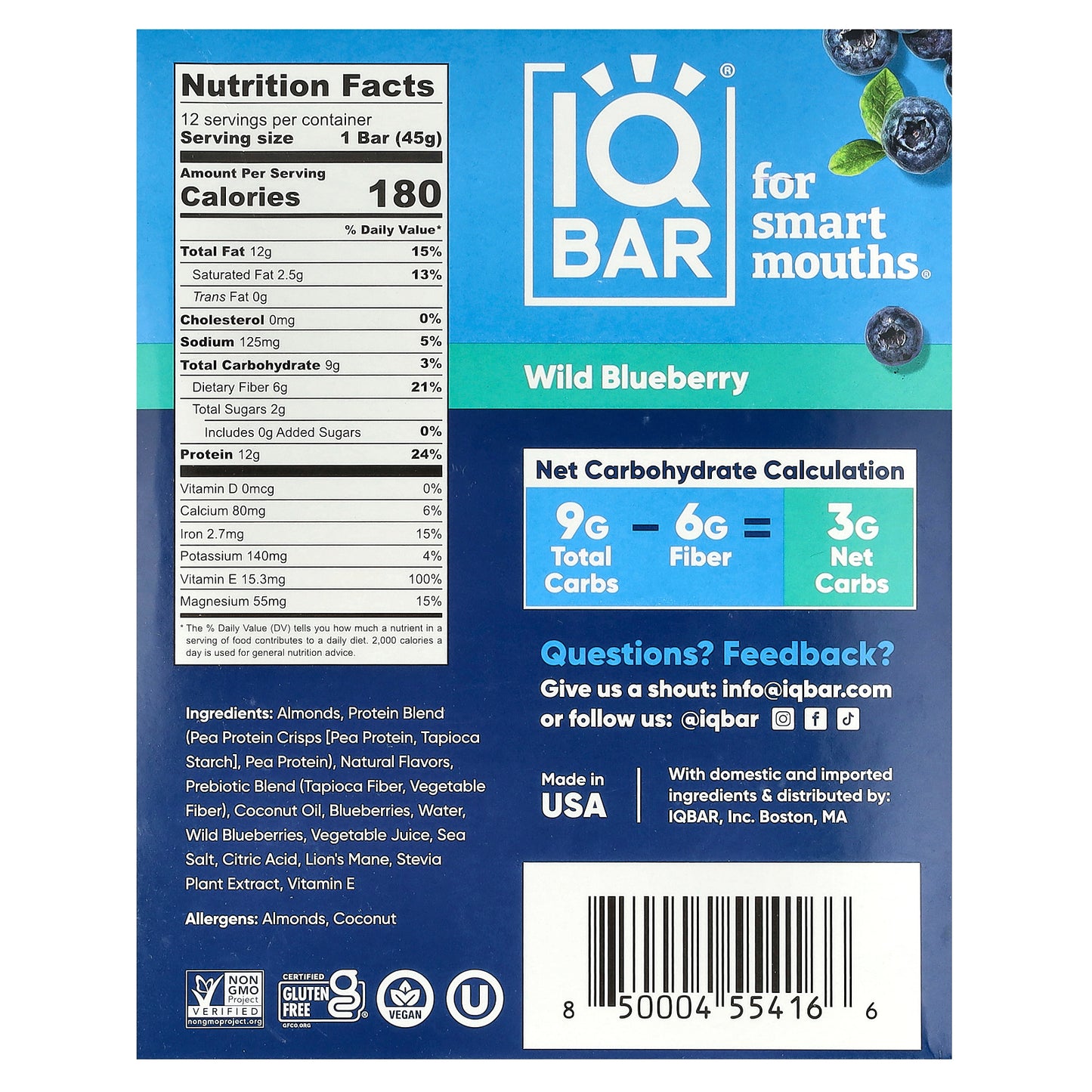 IQBAR, Plant Protein Bars, Wild Blueberry, 12 Bars, 1.6 oz (45 g) each