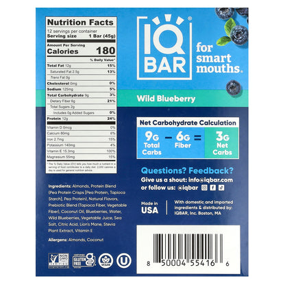 IQBAR, Plant Protein Bars, Wild Blueberry, 12 Bars, 1.6 oz (45 g) each