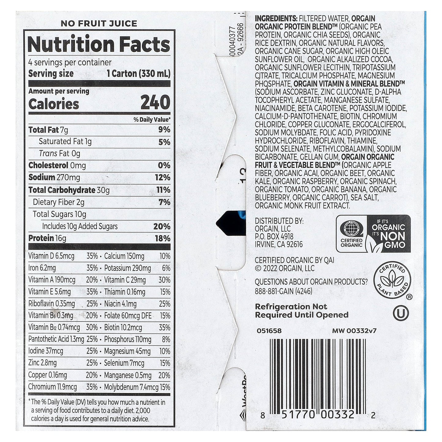 Orgain, Organic Nutrition, Plant Protein Shake, Smooth Chocolate, 4 Pack, 11 fl oz (330 ml) Each