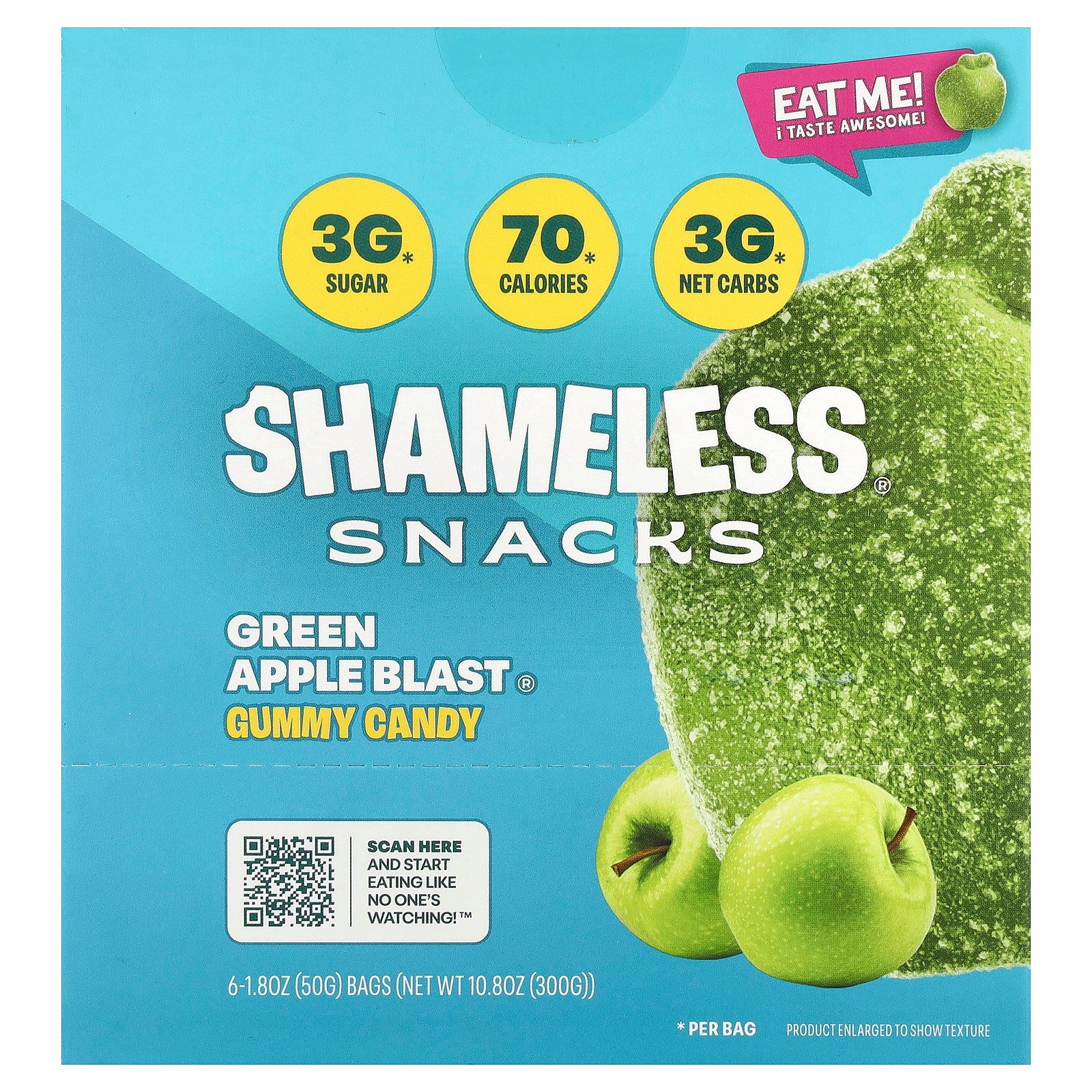 Shameless Snacks, Gummy Candy, Green Apple Blast®, 6 Bags, 1.8 oz (50 g) Each