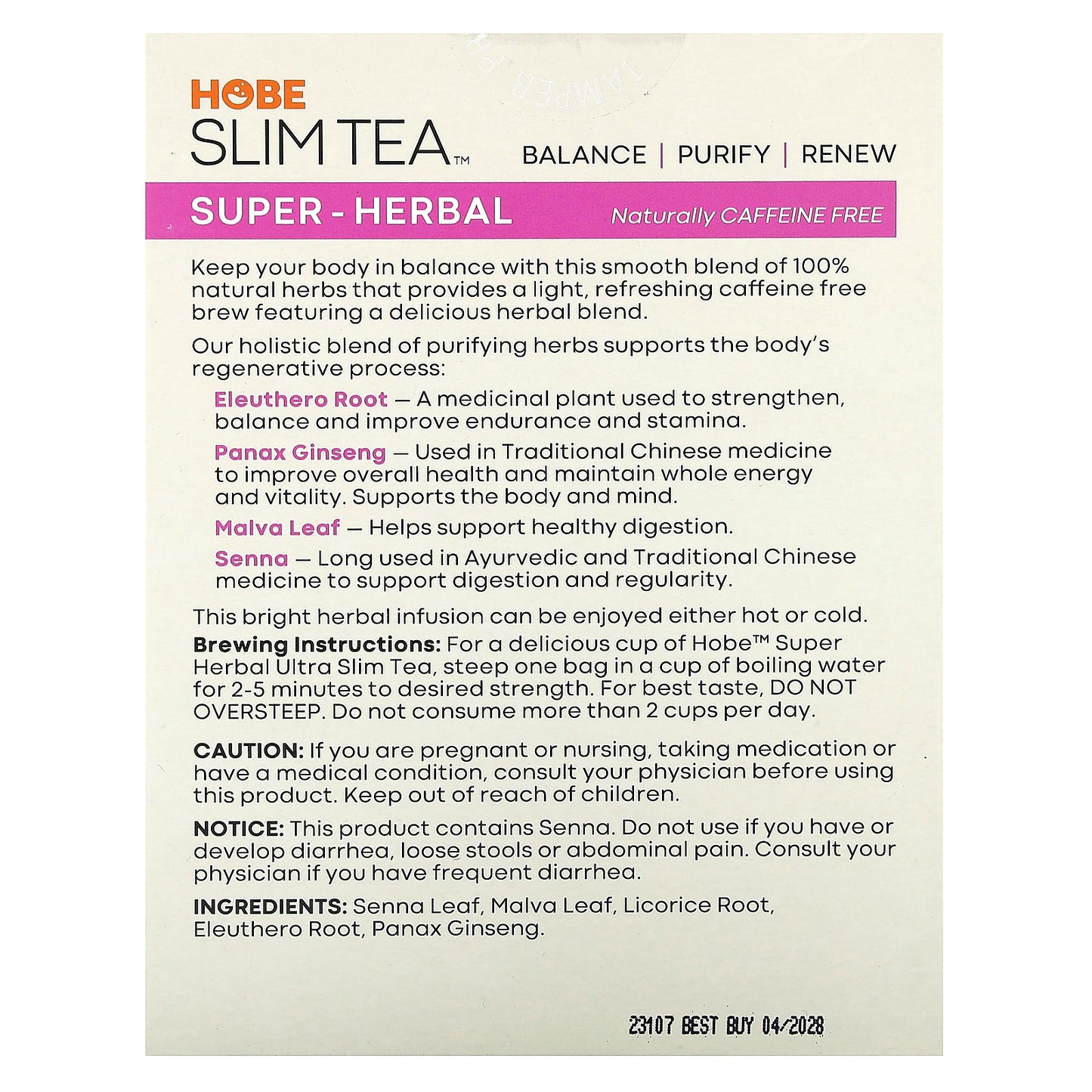 Hobe Labs, Ultra Slim Tea, Super Herbal, Caffeine Free, 24 Herbal Tea Bags, 1.69 oz (48 g) Each