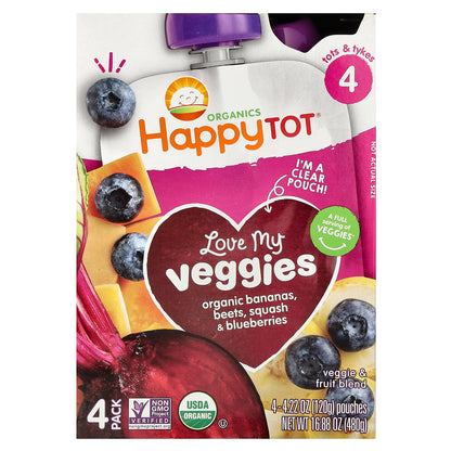 Happy Family Organics, Happy Tot®, Love My Veggies, Stage 4, Organic Bananas, Beet, Squash & Blueberries, 4 Pouches, 4.22 oz (120 g) Each