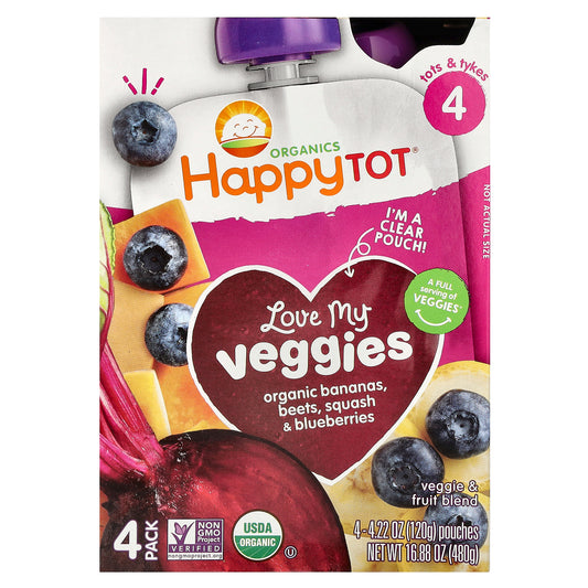 Happy Family Organics, Happy Tot®, Love My Veggies, Stage 4, Organic Bananas, Beet, Squash & Blueberries, 4 Pouches, 4.22 oz (120 g) Each