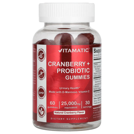 Vitamatic, Cranberry + Probiotic Gummies, Natural Cranberry, 25,000 mg, 60 Gummies (12,500 mg per Gummy)