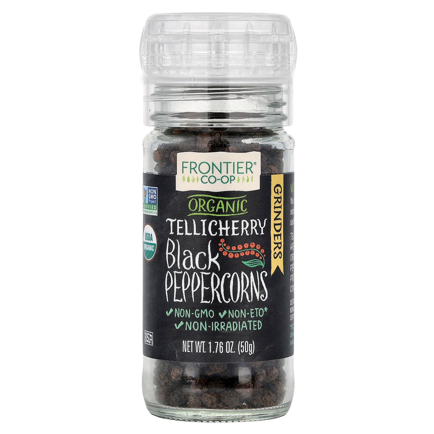 Frontier Co-op, Organic Tellicherry Black Peppercorns, 1.76 oz (50 g)