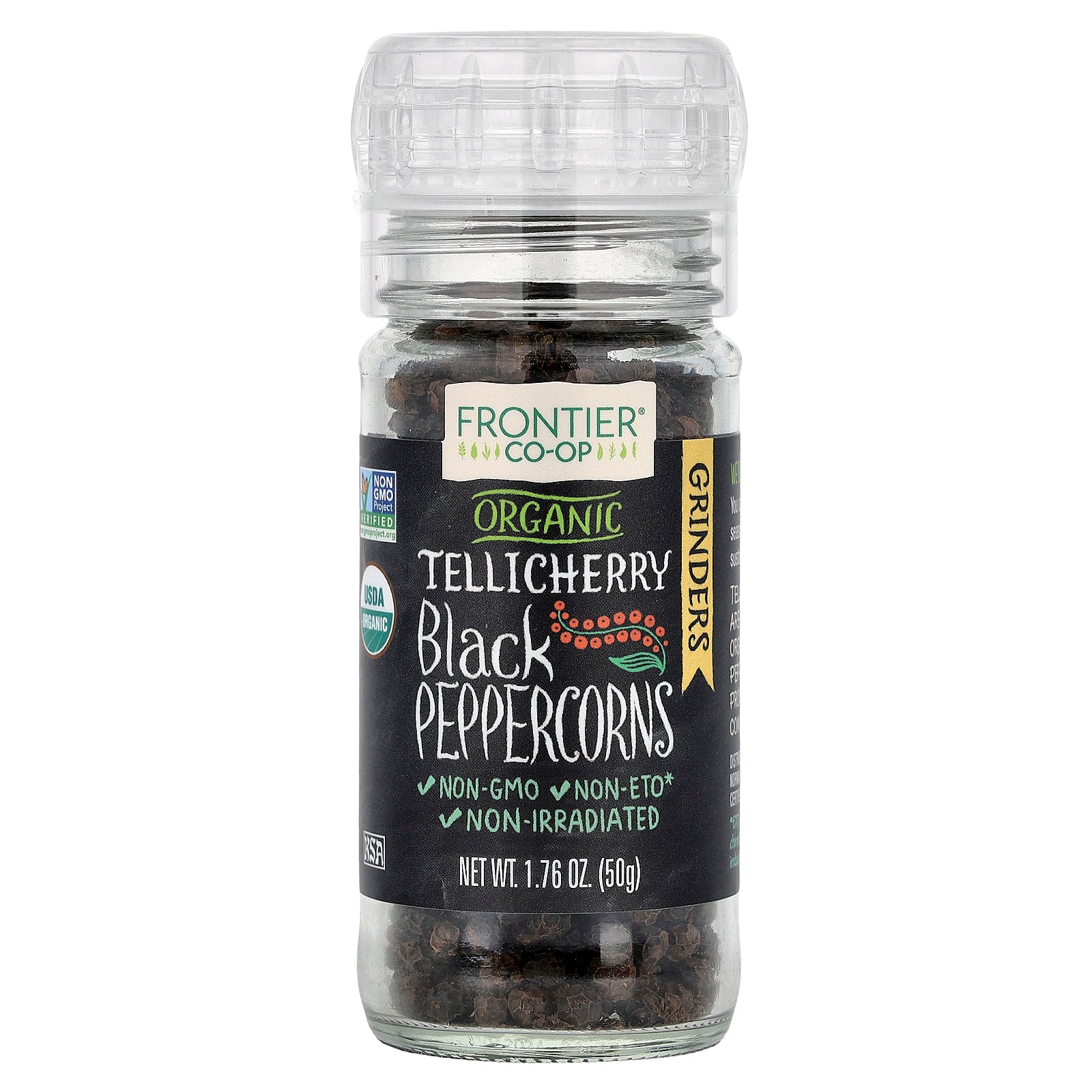 Frontier Co-op, Organic Tellicherry Black Peppercorns, 1.76 oz (50 g)
