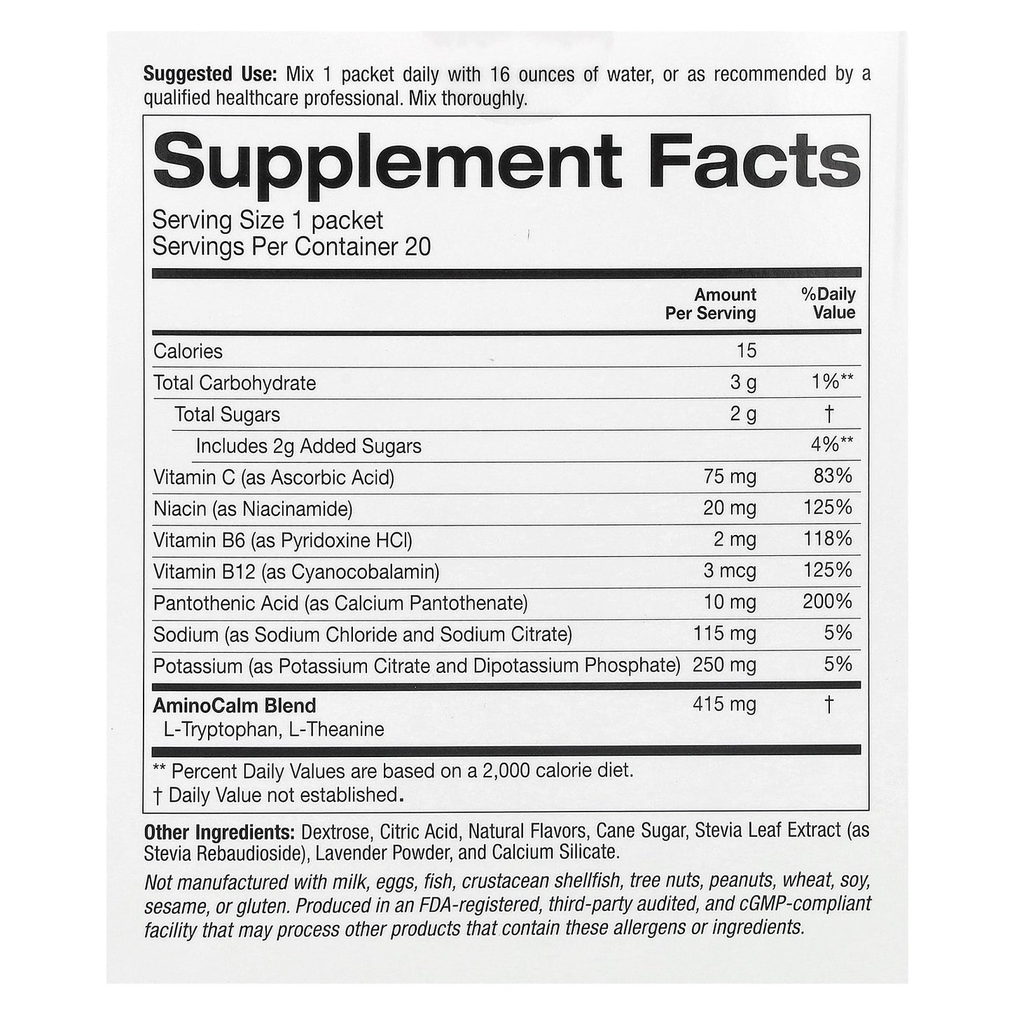 Lake Avenue Nutrition, Calm Powder Drink Mix with Potassium and AminoCalm Blend, L-Tryptophan and L-Theanine, Blueberry Lavender, 20 Packets, 0.19 oz (5.5 g) Each