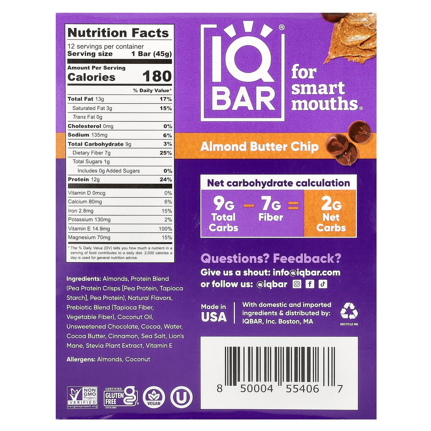 IQBAR, Plant Protein Bar, Almond Butter Chip, 12 Bars, 1.6 oz (45 g) Each