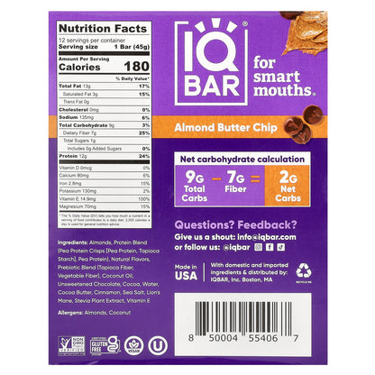 IQBAR, Plant Protein Bar, Almond Butter Chip, 12 Bars, 1.6 oz (45 g) Each