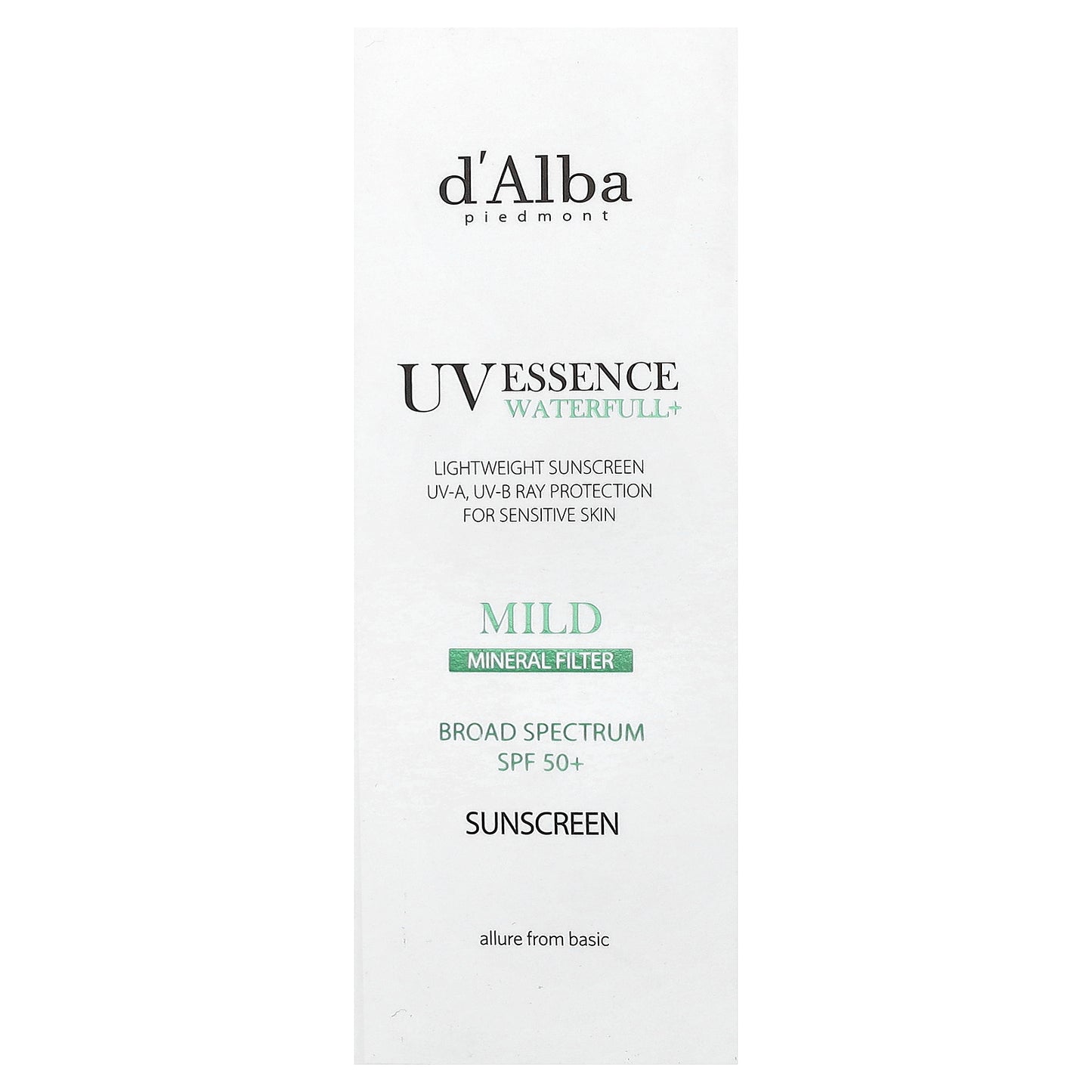 d'Alba, UV Essence Waterfull+ Sunscreen, Mineral Filter, Mild, SPF 50, 1.69 fl oz (50 ml)