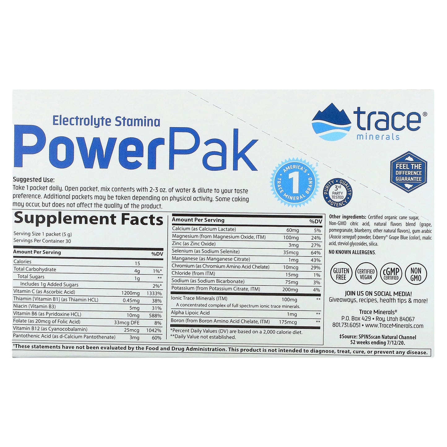 Trace, Electrolyte Stamina PowerPak, Pomegranate Blueberry, 30 Packets, 0.18 oz (5 g) Each