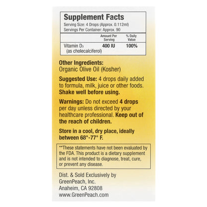 GreenPeach, Infants & Kids + Adults, Vitamin D3, 400 IU, 0.34 fl oz (10 ml)
