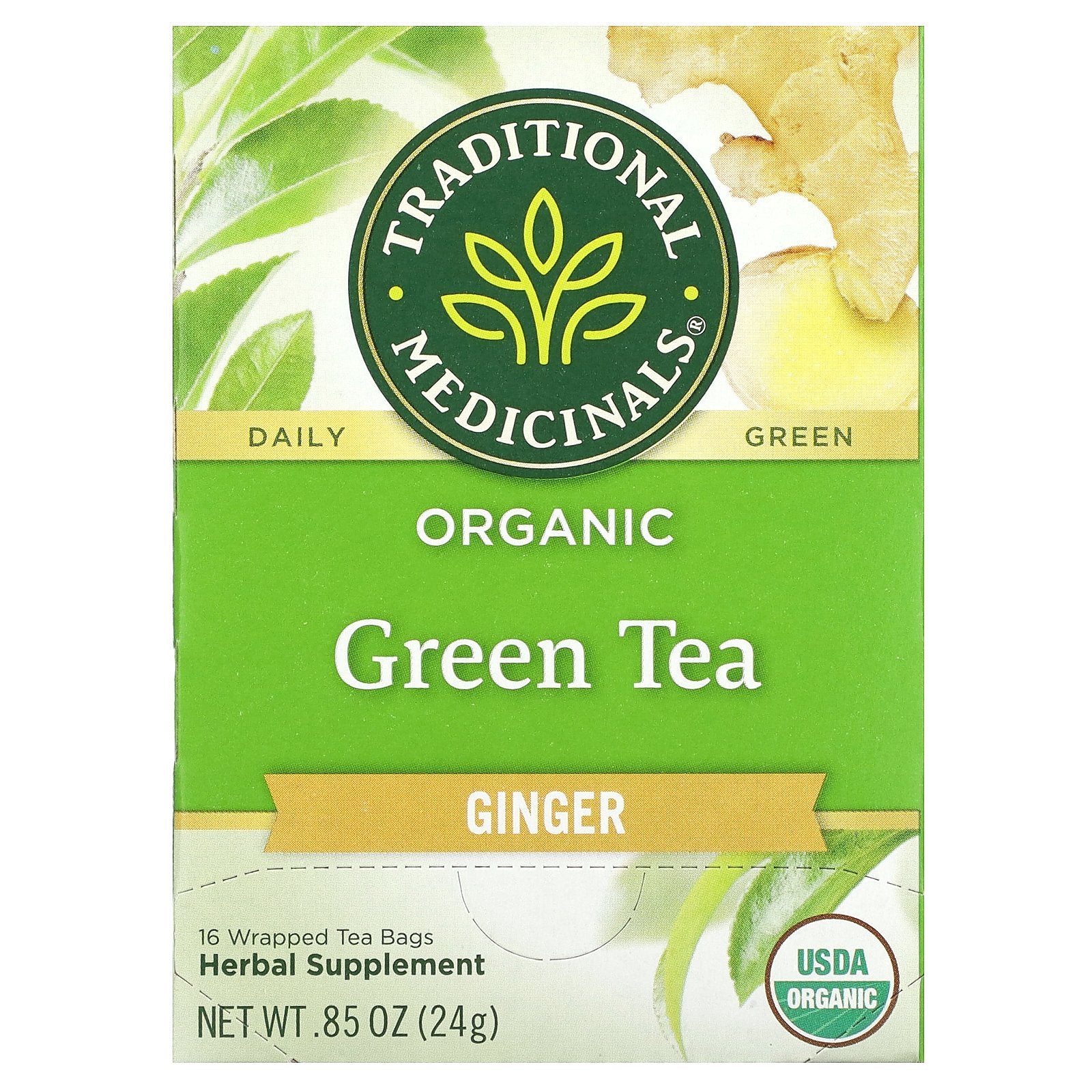 Traditional Medicinals, Organic Green Tea, Ginger, 16 Wrapped Tea Bags, 0.85 oz (24 g)