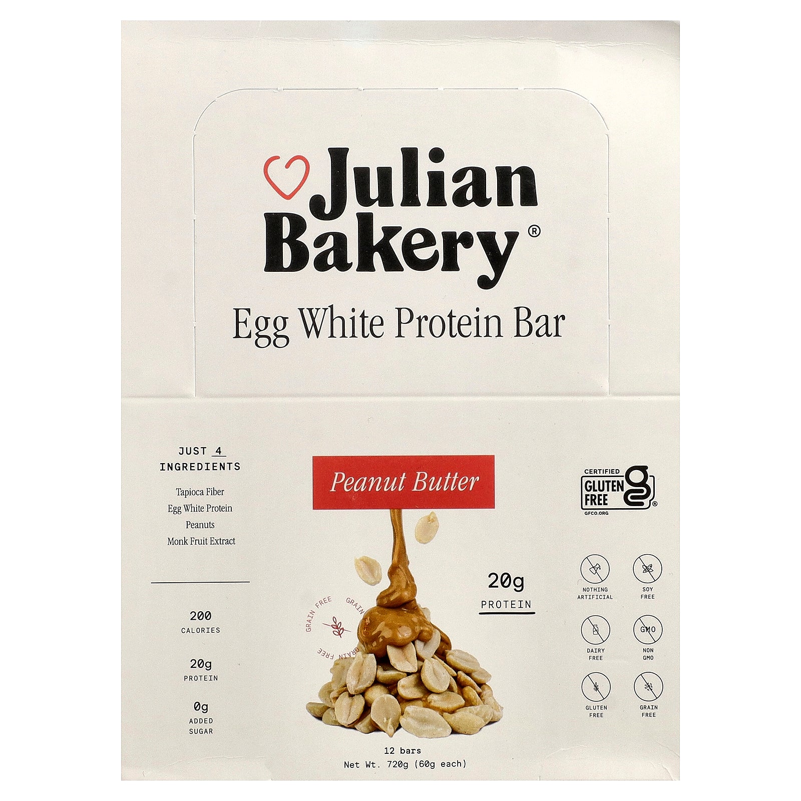Julian Bakery, Egg White Protein Bar, Peanut Butter, 12 Bars, 2.1 oz (60 g) Each