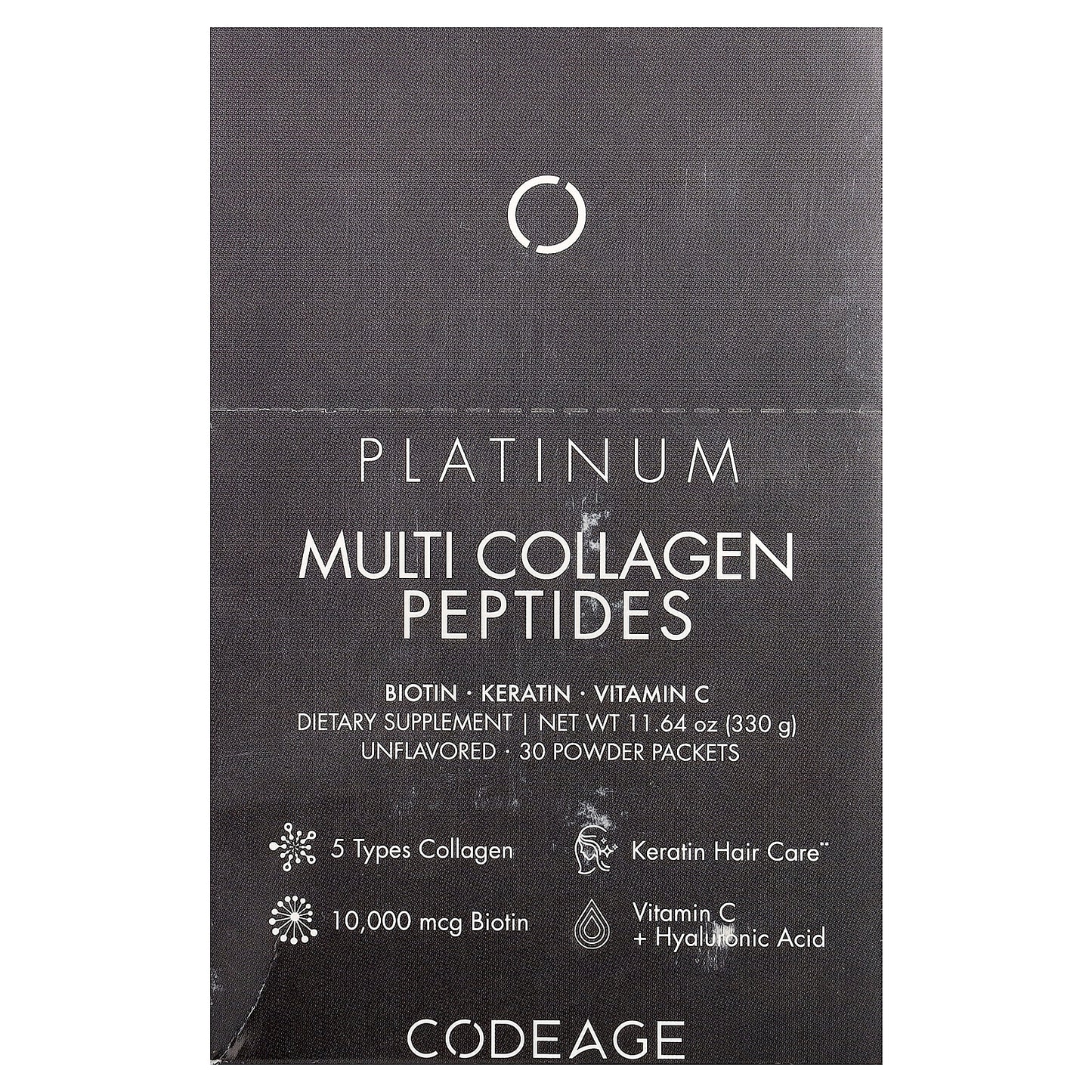 Codeage, Multi Collagen Peptides, Platinum, Unflavored, 30 Packets, 0.38 oz (11 g) Each