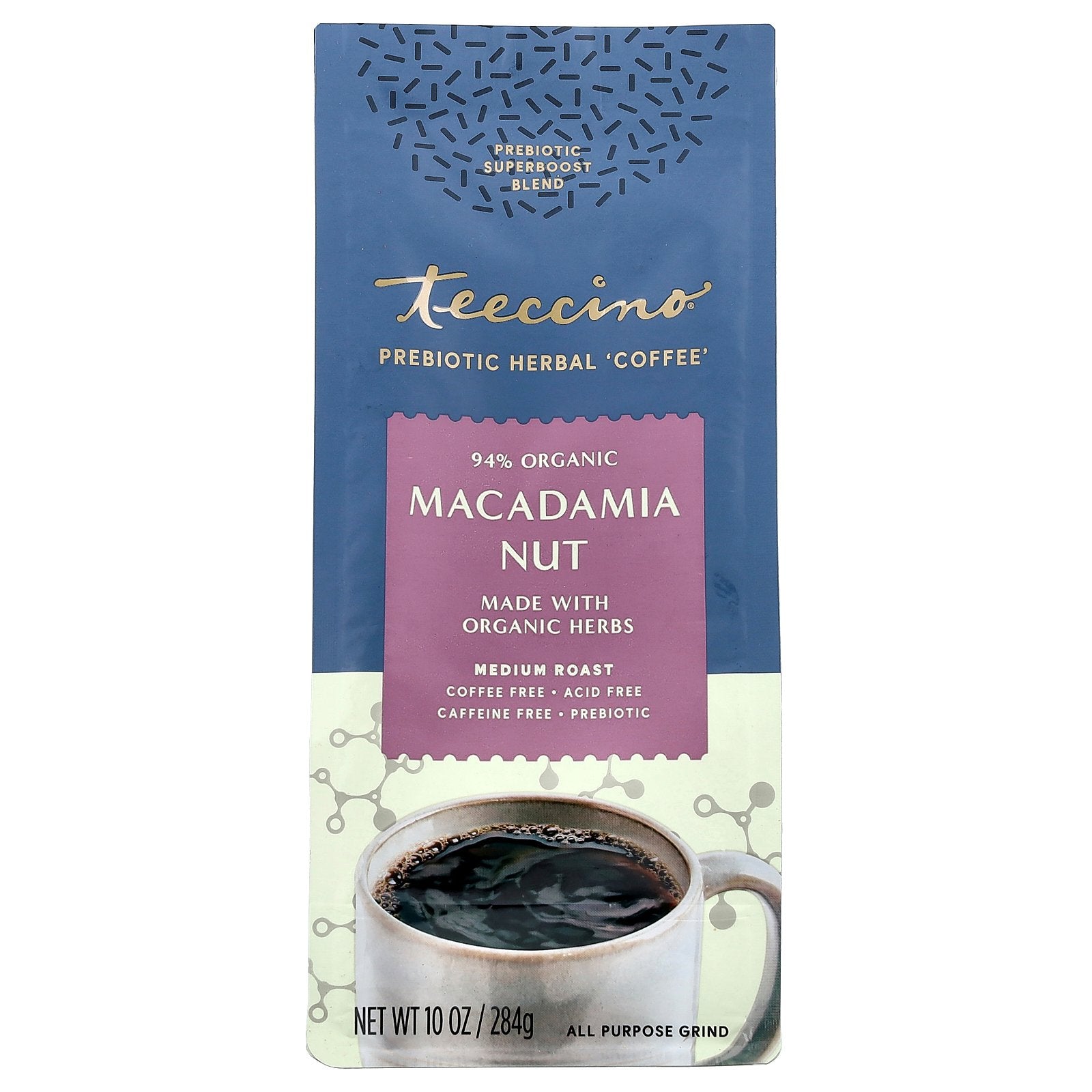 Teeccino, Prebiotic Herbal 'Coffee', Macadamia Nut, Medium Roast, Caffeine Free, 10 oz (284 g)