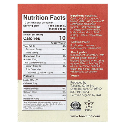 Teeccino, Mushroom Herbal Tea, Turkey Tail Astragalus, Toasted Maple, Caffeine Free, 10 Tea Bags, 2.12 oz (60 g)
