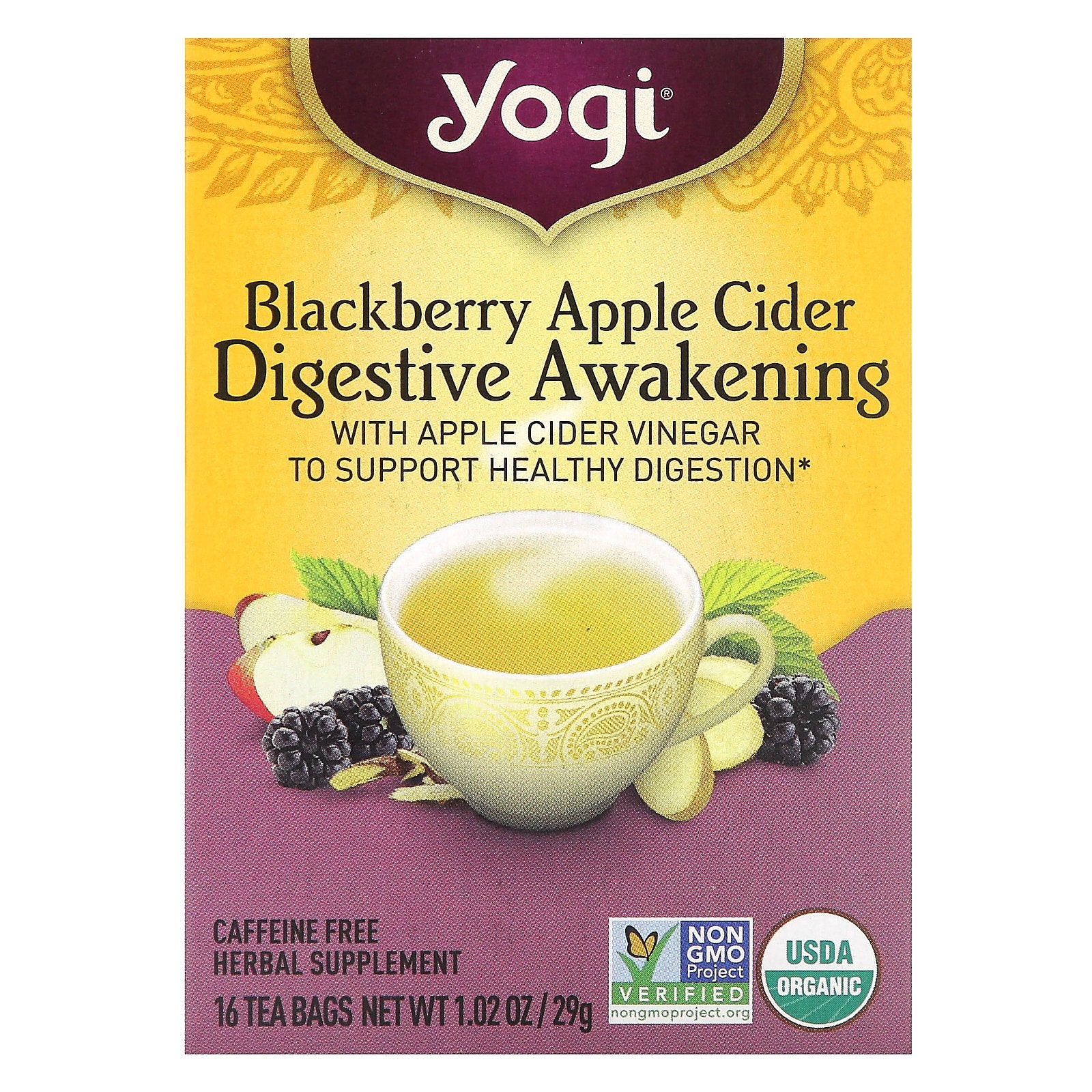 Yogi Tea, Digestive Awakening, Blackberry Apple Cider, Caffeine Free, 16 Tea Bags, 1.02 oz (29 g)