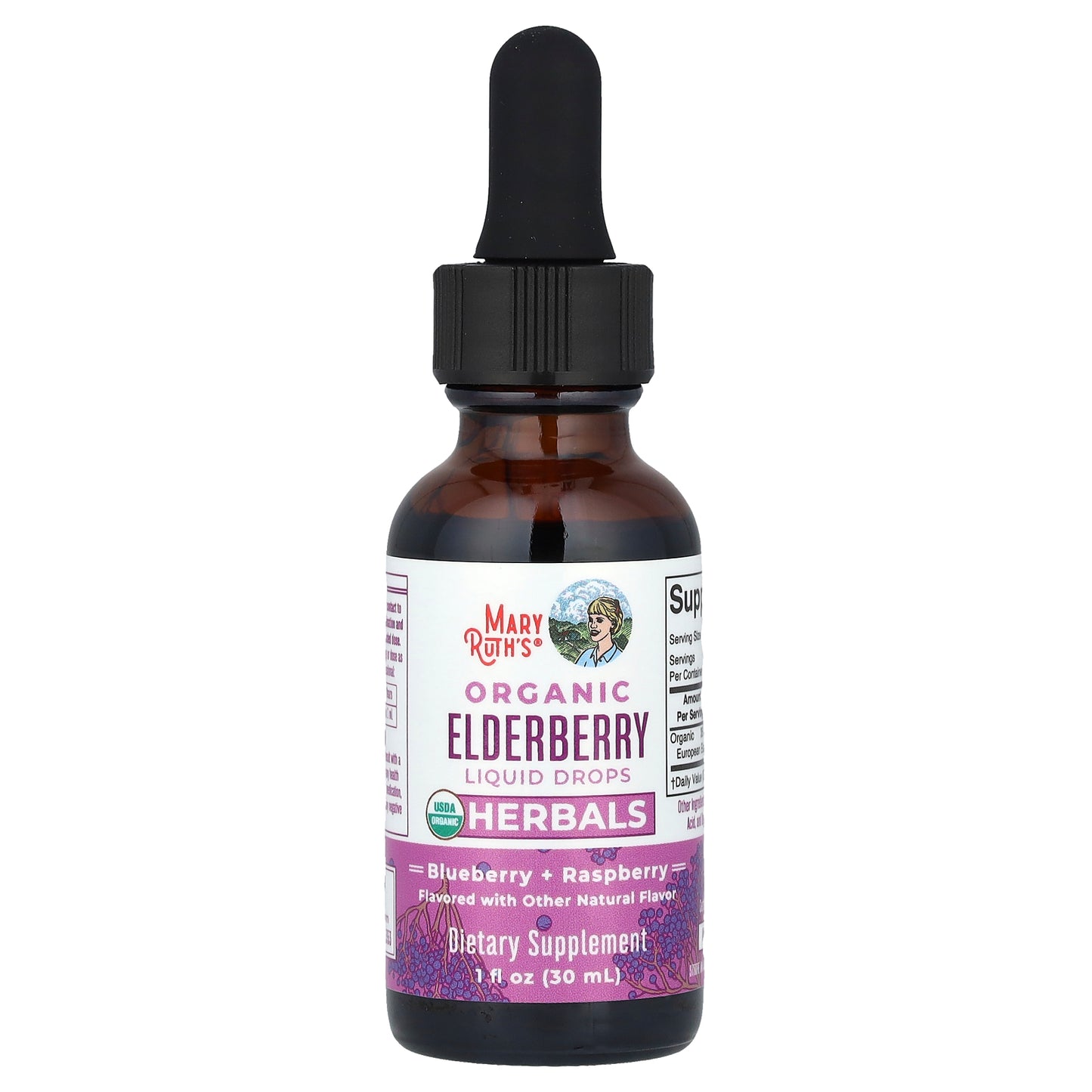 MaryRuth's, Organic Elderberry Liquid Drops, Alcohol Free, Blueberry + Raspberry, 1 fl oz (30 ml)