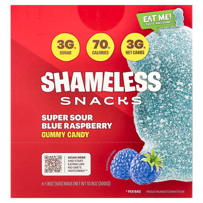 Shameless Snacks, Gummy Candy, Super Sour Blue Raspberry, 6 Bags, 1.8 oz (50 g) Each