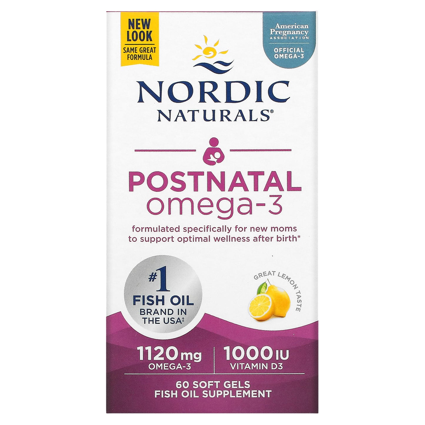 Nordic Naturals, Postnatal Omega-3, Lemon, 1,120 mg, 60 Soft Gels (560 mg per Soft Gel)