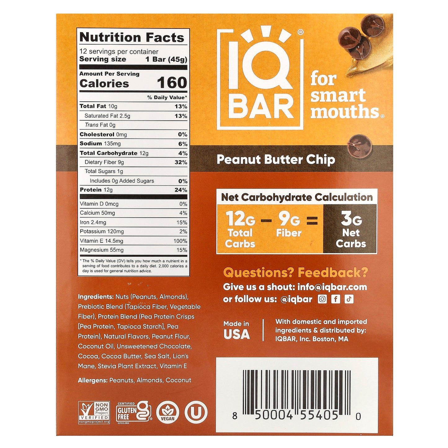 IQBAR, Plant Protein Bar, Peanut Butter Chip, 12 Bars, 1.6 oz (45 g) Each