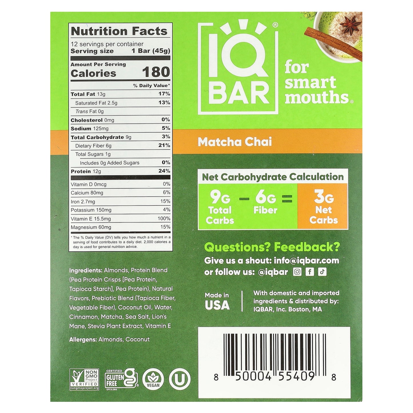 IQBAR, Plant Protein Bar, Matcha Chai, 12 Bars, 1.6 oz (45 g) Each