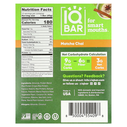 IQBAR, Plant Protein Bar, Matcha Chai, 12 Bars, 1.6 oz (45 g) Each