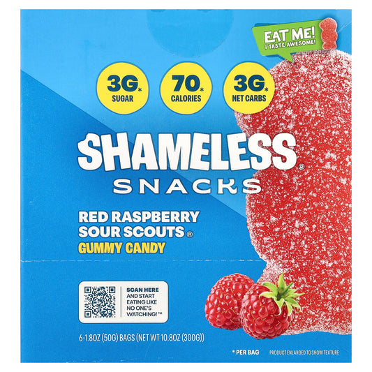 Shameless Snacks, Gummy Candy, Red Raspberry Sour Scouts®, 6 Bags, 1.8 oz (50 g) Each