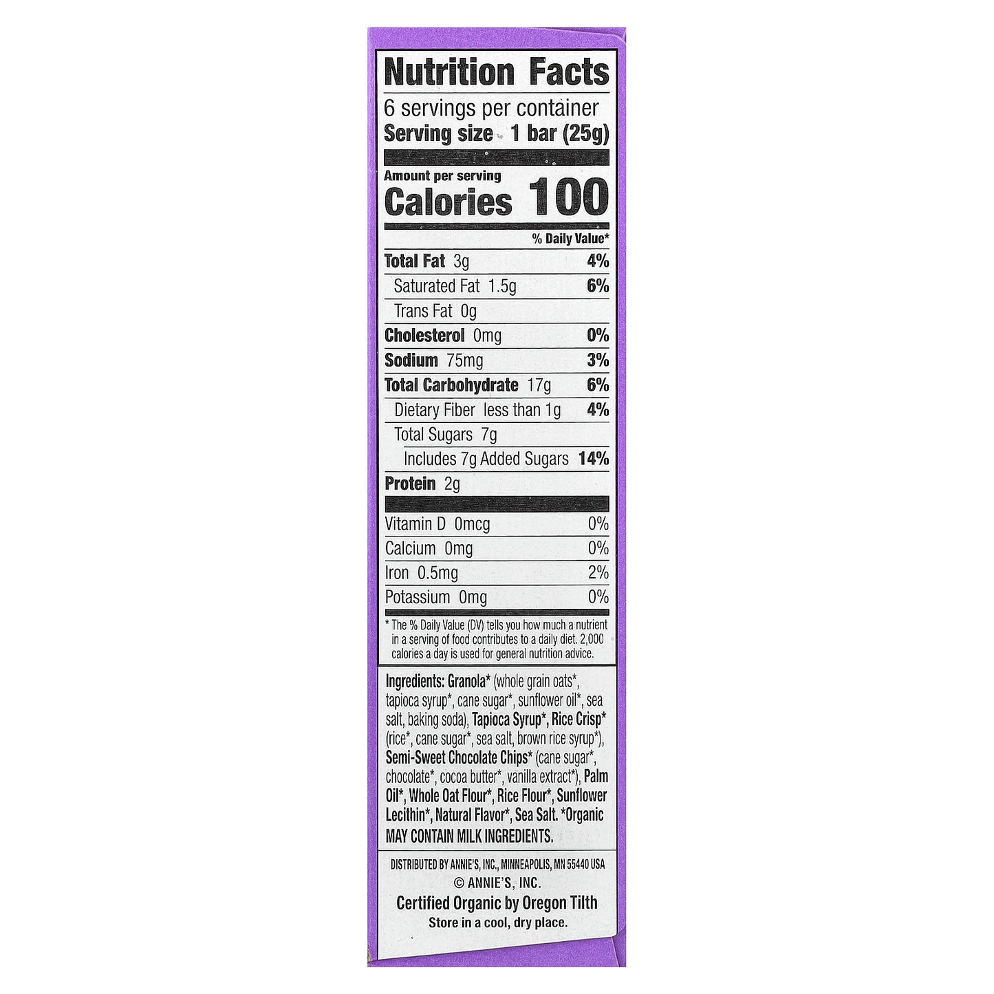 Annie's Homegrown, Organic Chewy Granola Bars, Chocolate Chip, 6 Bars, 0.89 oz (25 g) Each