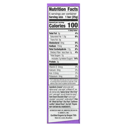 Annie's Homegrown, Organic Chewy Granola Bars, Chocolate Chip, 6 Bars, 0.89 oz (25 g) Each