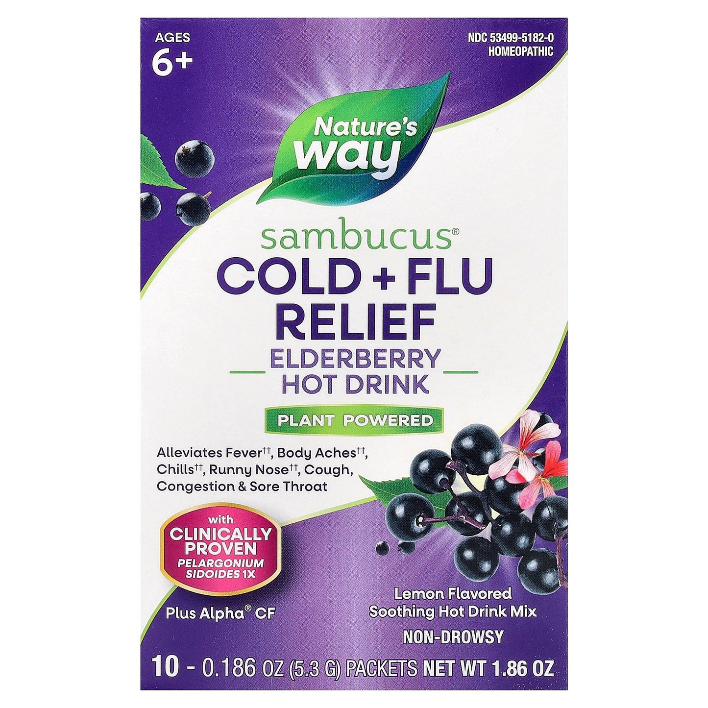 Nature's Way, Sambucus®, Cold + Flu Relief, Elderberry Hot Drink, Ages 6+, Lemon, 10 Packets, 0.186 oz (5.3 g) Each