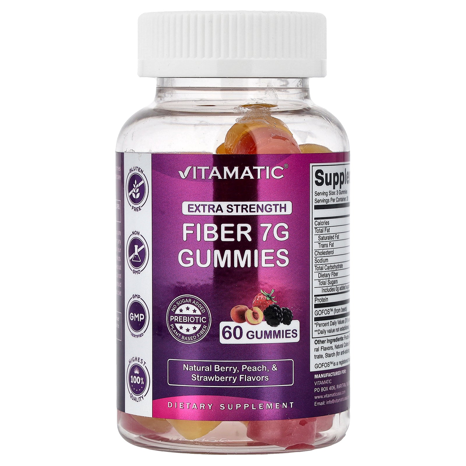 Vitamatic, Fiber Gummies, Natural Berry, Peace & Strawberry, 60 Gummies
