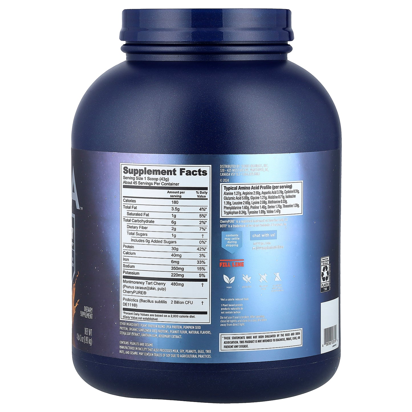 Vega, Plant-Based Protein, Performance Protein + Recovery, Peanut Butter, 4 lb 4.1 oz (1.93 kg)