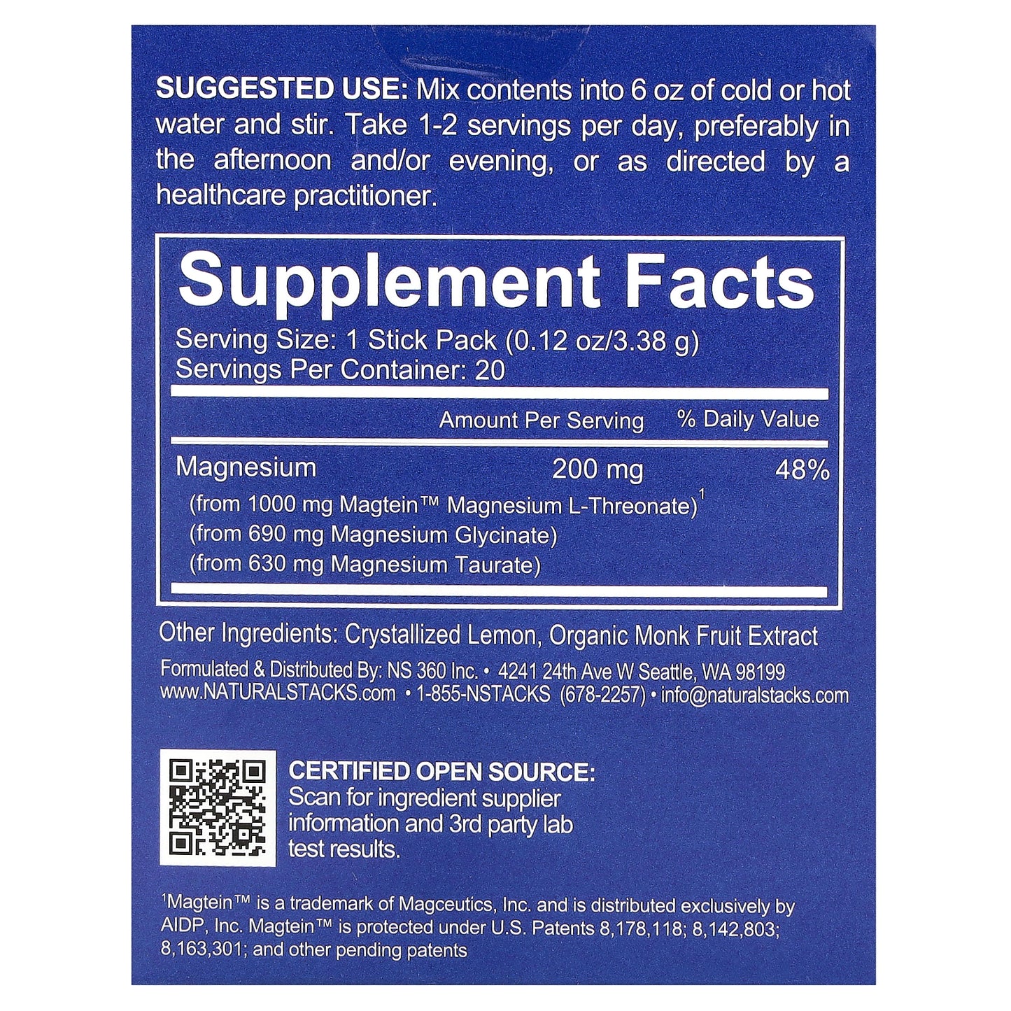 Natural Stacks, MagTech® Magnesium, Lemonade, 20 Stick Packs, 0.12 oz (3.38 g) Each