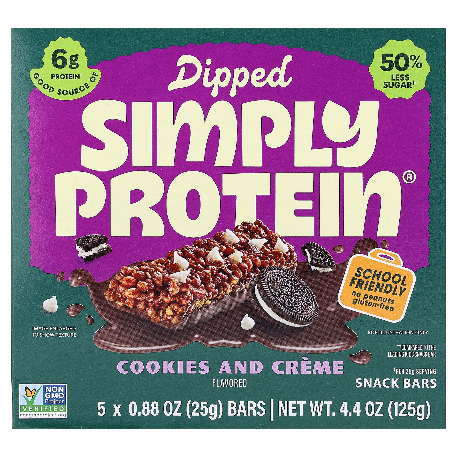 Simply Protein, Dipped Snack Bars, Cookies & Creme, 5 Bars, 0.88 oz (25 g) Each