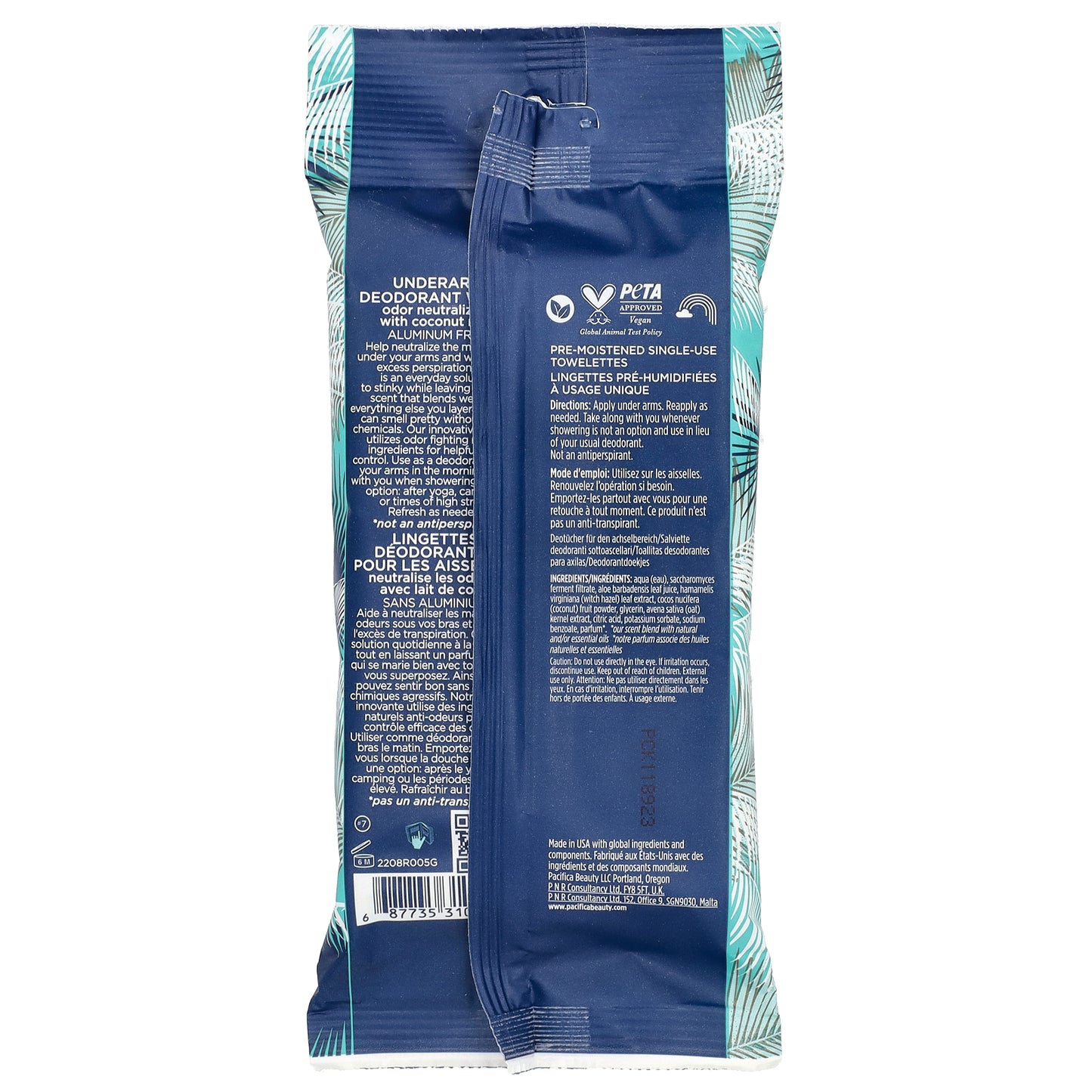 Pacifica, Underarm Deodorant Wipes with Coconut Milk, 30 Pre-Moistened Towelettes