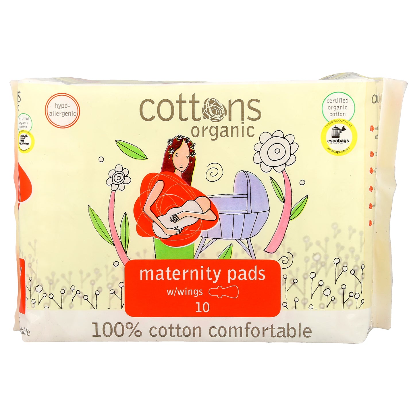 Cottons, 100% Cotton Comfortable, Maternity Pads with Wings, Heavy, Unscented, 10 Pads